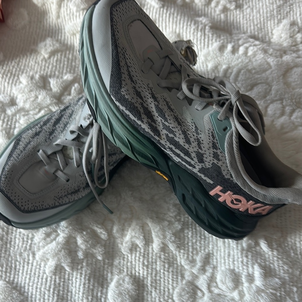 Hoka Gray and Green Sneakers with Gradient Sole